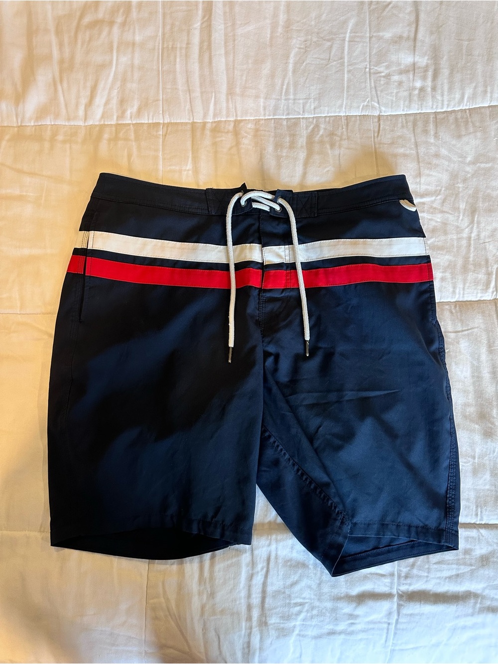 Abercrombie & Fitch Navy Swim Trunks with White and Red Stripe
